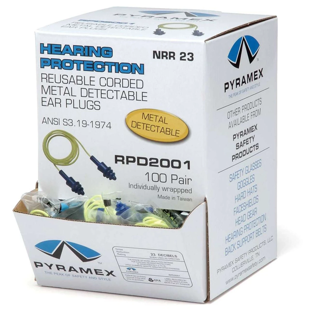 Pyramex RPD2001 NRR 25dB Metal Detectable Reusable Corded Earplugs - 100 Pair Pyramex RPD2001 NRR 25dB Metal Detectable Reusable Corded Earplugs - 100 Pair -Safety Work Gear Store