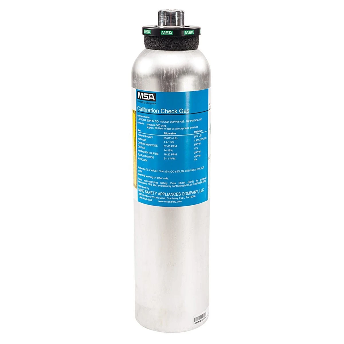 MSA Gas Calibration Cylinder - 58 L RP, (CH4)-1.45%, (O2)-15%, (CO) 60 PPM, (H2S)-20 PPM, (SO2)-10 PPM - 10117738 MSA Gas Calibration Cylinder - 58 L RP, (CH4)-1.45%, (O2)-15%, (CO) 60 PPM, (H2S)-20 PPM, (SO2)-10 PPM - 10117738 -Safety Work Gear Store