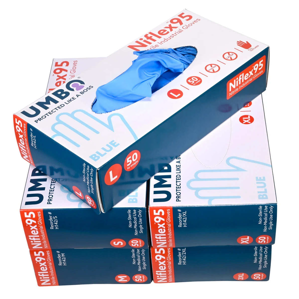 UMBO Niflex95 Blue Nitrile Disposable Gloves - 9 mil - H142 - Box of 50 (S, M, L, XL, 2XL) UMBO Niflex95 Blue Nitrile Disposable Gloves - 9 Mil - H142 - Box Of 50 (S, M, L, XL, 2XL) -Safety Work Gear Store